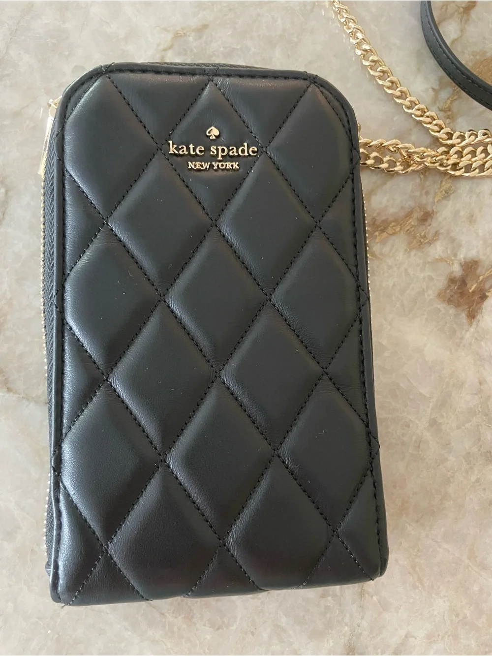 kate spade Black Carey Quilted Leather Crossbody Phone Pouch with Gold Chain